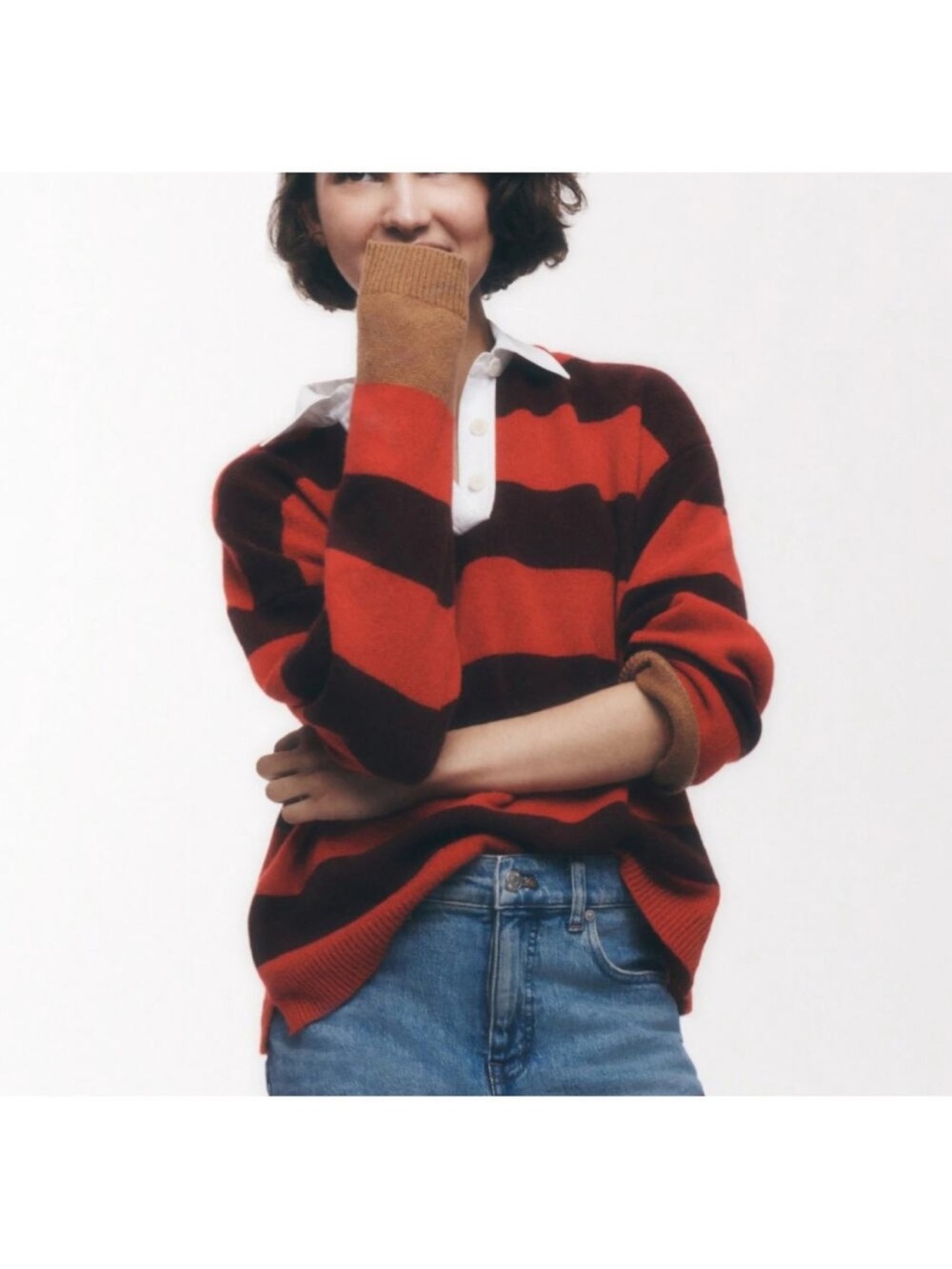 Madewell Red and Brown Striped V‑Neck Sweater